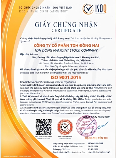 Giấy chứng nhận về hệ thống quản lý chất lượng của TDH Đồng Nai