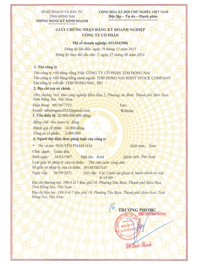 Giấy chứng nhận đăng kí doanh nghiệp Công ty Cổ Phần TDH Đồng Nai
